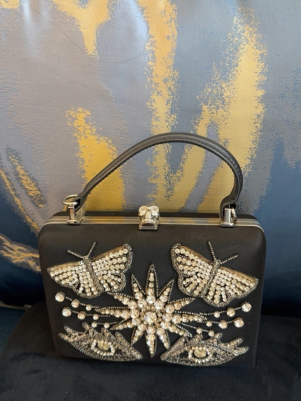 Alexander McQueen Black Crystal Butterfly and Star Embellished Top-Handle Bag